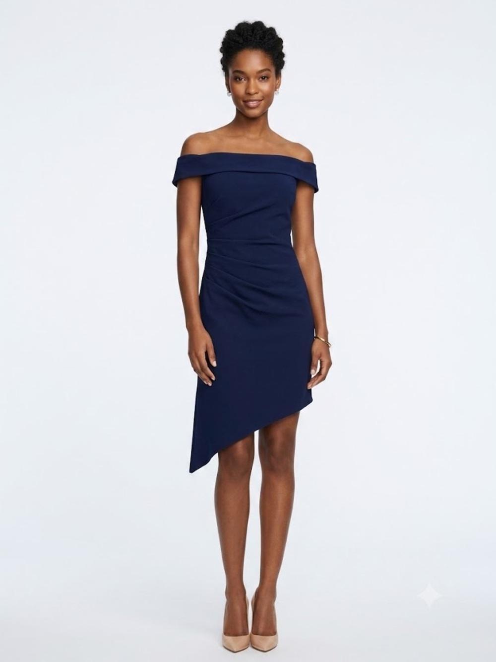 MILLY NWT Navy Blue Off The Shoulder Asymmetric Ruched Cocktail Dress